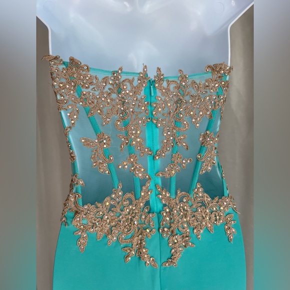 Prom Gown Glow by Colors Size 6, Tiffany Turquoise with Rose Gold Lace Bodice - Picture 10 of 17